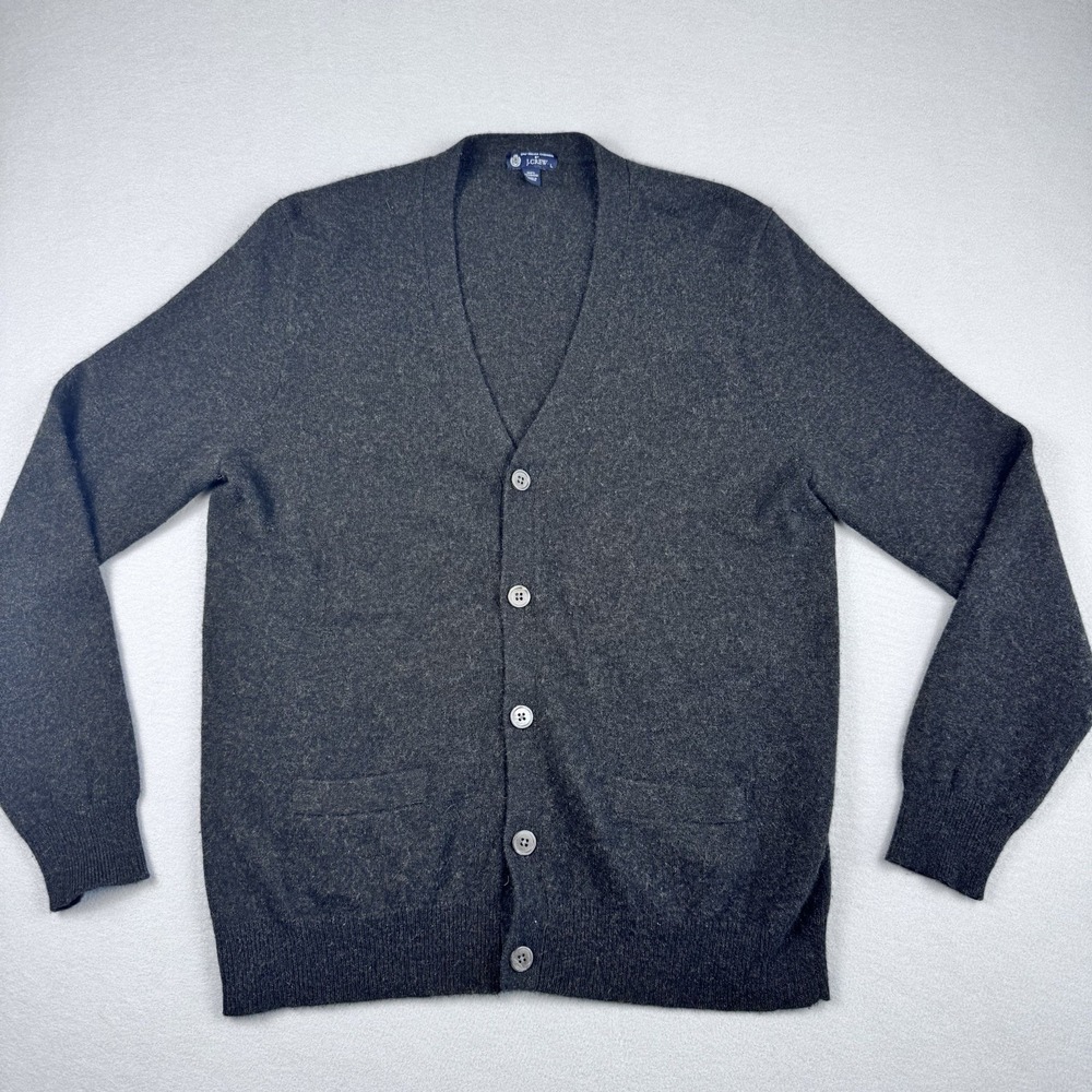 J Crew 100% Italian Cashmere Cardigan Women L Charcoal Pocket V-Neck Grandmacore - Picture 2 of 8